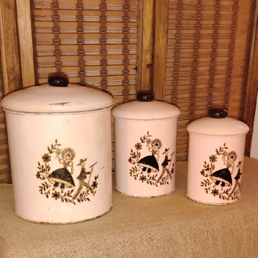 Vintage 1950s Pink Canister Set Of 3 Black Silhouette Folk Art Distressed**